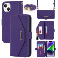 Husă tip portofel cu curea pentru iPhone 15 - violet