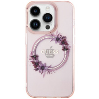 Guess Husă cu logo lucios Flowers Ring cu MagSafe pentru iPhone 16 Pro - roz