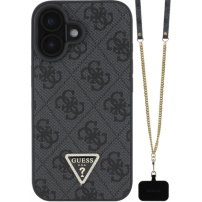 Guess Husă 4G Strass Triangle Metal Logo cu curea pentru iPhone 16 - Gri