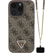 Guess Husă 4G Strass Triangle Metal Logo cu curea pentru iPhone 16 Pro - Maro