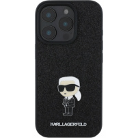 Karl Lagerfeld Husă fixă cu sclipici din metal Ikonik pentru iPhone 16 Pro Max - neagră