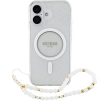 Guess Husă cu curea IML cu margele sclipitoare cu buclă și MagSafe pentru iPhone 16 - argintiu