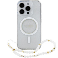 Guess Husă cu curea IML cu margele sclipitoare cu buclă și MagSafe pentru iPhone 16 Pro - argintiu