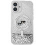 Karl Lagerfeld Husă cu sclipici lichid Karl și capete Choupette cu MagSafe pentru iPhone 16 - argintiu