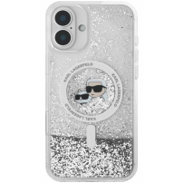 Karl Lagerfeld Husă cu sclipici lichid Karl și capete Choupette cu MagSafe pentru iPhone 16 - argintiu