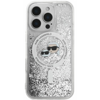 Karl Lagerfeld Husă cu sclipici lichid Karl și capete Choupette cu MagSafe pentru iPhone 16 Pro - argintiu