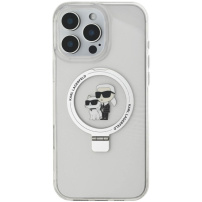 Karl Lagerfeld Ringstand Karl and Choupette Flip Cover și MagSafe pentru iPhone 16 Pro - Transparent