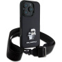 Karl Lagerfeld Husă Saffiano Crossbody Metal Karl și Choupette cu curea reglabilă pentru iPhone 16 Pro - Negru