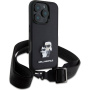 Karl Lagerfeld Husă Saffiano Crossbody Metal Karl și Choupette cu curea reglabilă pentru iPhone 16 Pro Max - Negru