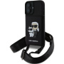 Karl Lagerfeld Husă Saffiano Crossbody Karl și Choupette cu curea reglabilă pentru iPhone 16 - Negru