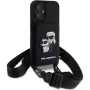 Karl Lagerfeld Husă Saffiano Crossbody Karl și Choupette cu curea reglabilă pentru iPhone 16 - Negru