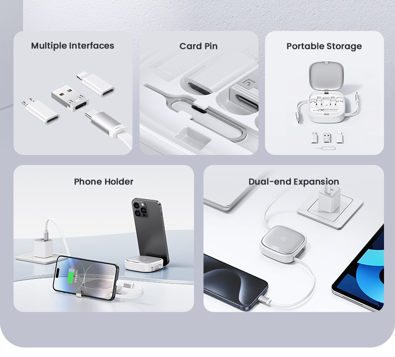 USAMS Set US-SJ650 cu cabluri USB-C retractabile, adaptoare și ac - negru