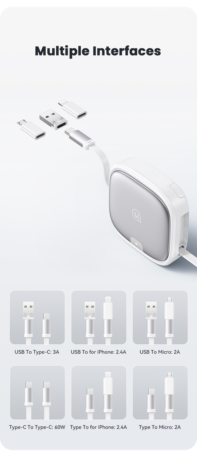USAMS Set US-SJ650 cu cabluri USB-C retractabile, adaptoare și ac - negru