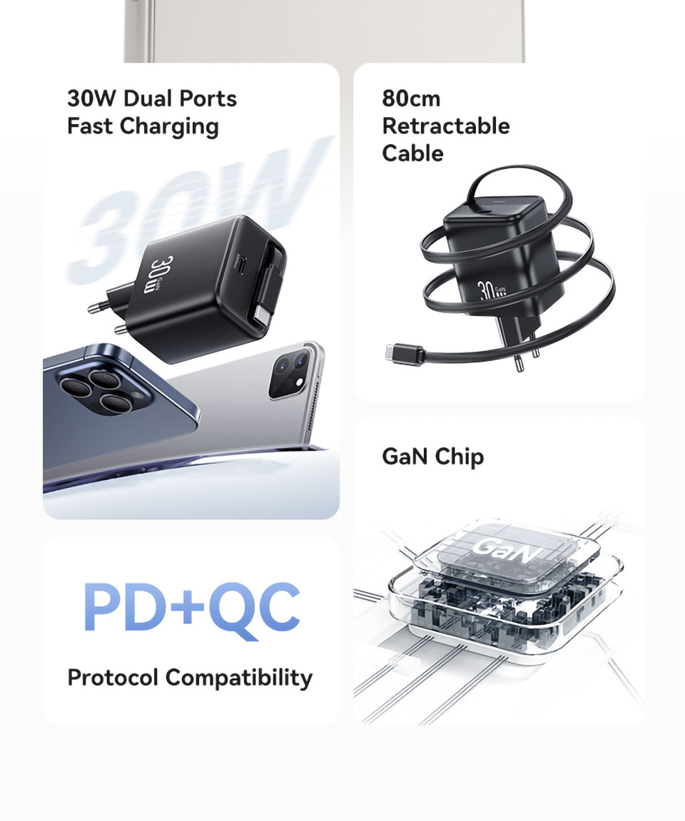 Set adaptor USAMS CC241 cu port USB-C și cablu retractabil USB-C - 30W - alb
