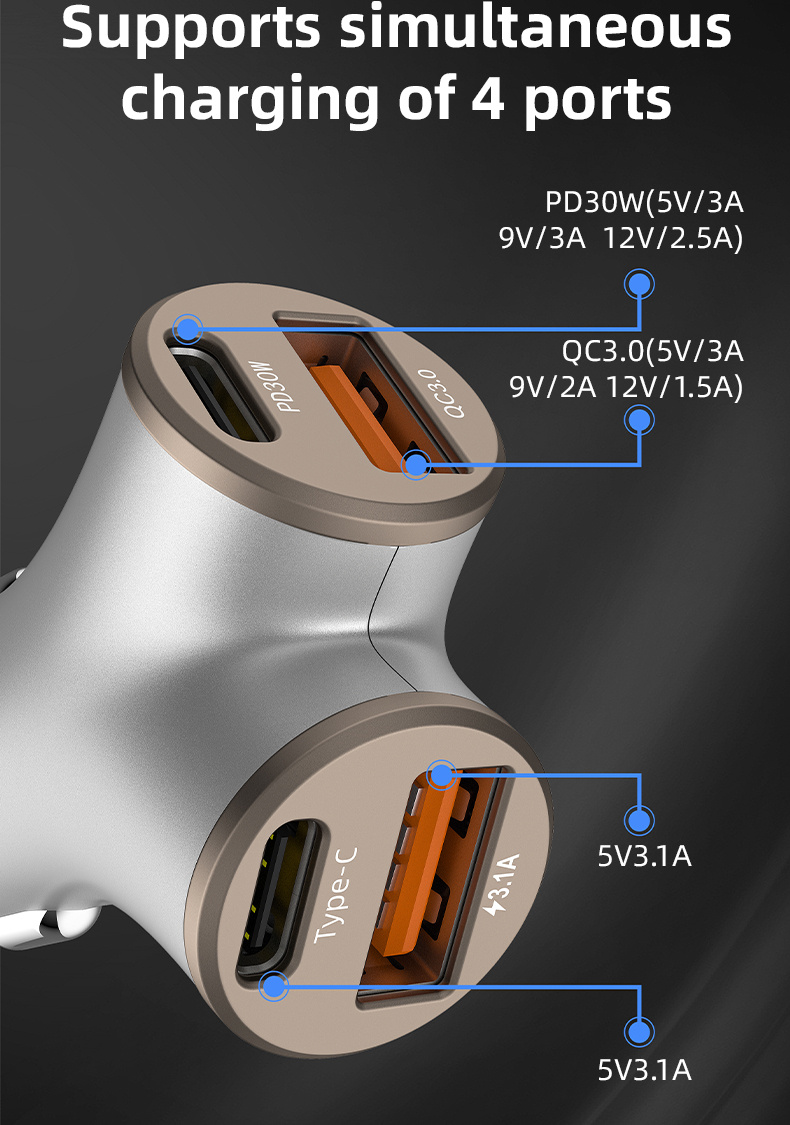 Încărcător auto A2 în formă de Y cu porturi 2x USB-C / 2x USB-A - 78W - argintiu