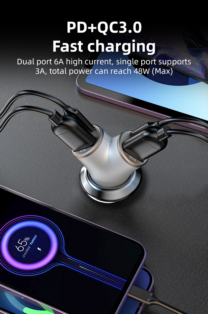 Încărcător auto A2 în formă de Y cu porturi 2x USB-C / 2x USB-A - 78W - argintiu