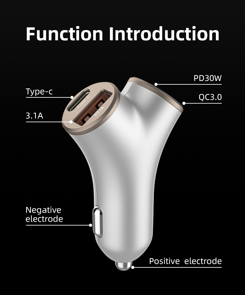 Încărcător auto A2 în formă de Y cu porturi 2x USB-C / 2x USB-A - 78W - argintiu Încărcător auto A2 în formă de Y cu porturi 2x USB-C / 2x USB-A - 78W - argintiu