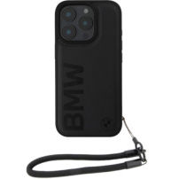 BMW Husă din piele cu semnătură și curea pentru iPhone 16 Pro Max - neagră
