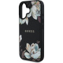 Guess Husă granulată cu model de flori de magnolie și MagSafe pentru iPhone 16 - negru