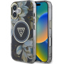 Guess Husă IML Glitter Magnolia și Triangle Logo cu MagSafe pentru iPhone 16 - neagră
