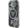 Guess Husă IML Glitter Magnolia și Triangle Logo cu MagSafe pentru iPhone 16 - neagră