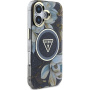 Guess Husă IML Glitter Magnolia și Triangle Logo cu MagSafe pentru iPhone 16 - neagră