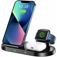 Suport wireless 2 în 1 Swissten pentru iPhone / AirPods cu spațiu pentru încărcător pentru Apple Watch - 15W - negru