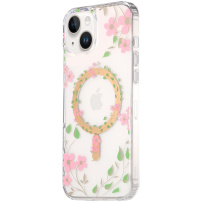 Husă transparentă strălucitoare cu model de flori și MagSafe pentru iPhone 13 - roz