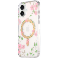 Husă transparentă strălucitoare cu model de flori și MagSafe pentru iPhone 16 - roz