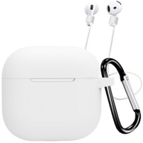 Husă din silicon cu carabină și șnur anti-pierdere pentru AirPods 4 / 5 - albă