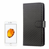 Husă din piele cu model carbon, cu stativ integrat şi port-act, pentru Apple iPhone SE (2020/2022) / 8 / 7 / 6S / 6 - neagră