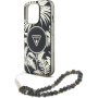 Husă Guess IML Palm Trees Triangle Logo Pearl Strap cu șnur și MagSafe pentru iPhone 16 Pro - negru