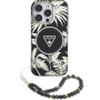Husă Guess IML Palm Trees Triangle Logo Pearl Strap cu șnur și MagSafe pentru iPhone 16 Pro - negru