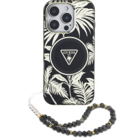 Husă Guess IML Palm Trees Triangle Logo Pearl Strap cu șnur și MagSafe pentru iPhone 16 Pro - negru