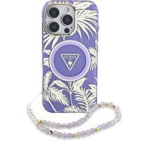 Husă Guess IML Palm Trees Triangle Logo Pearl Strap cu MagSafe pentru iPhone 16 Pro - violet