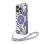 Husă Guess IML Palm Trees Triangle Logo Pearl Strap cu MagSafe pentru iPhone 16 Pro - violet