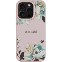 Husă Guess Grained Magnolia cu model floral și MagSafe pentru iPhone 16 Pro - roz