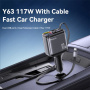 Set încărcător auto Yesido Y63 cu porturi USB-C / USB-A și cablu retractabil Lightning și USB-C - 117W - 0,7 m - gri