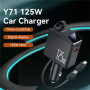 Set încărcător auto Yesido Y71 cu porturi USB-C / USB-A și cablu retractabil Lightning și USB-C - 125W - 0,7 m - negru