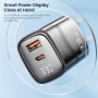 Adaptor de încărcare rapidă Toocki TCT33 GaN cu display și porturi USB-C / USB-A - 33W - negru