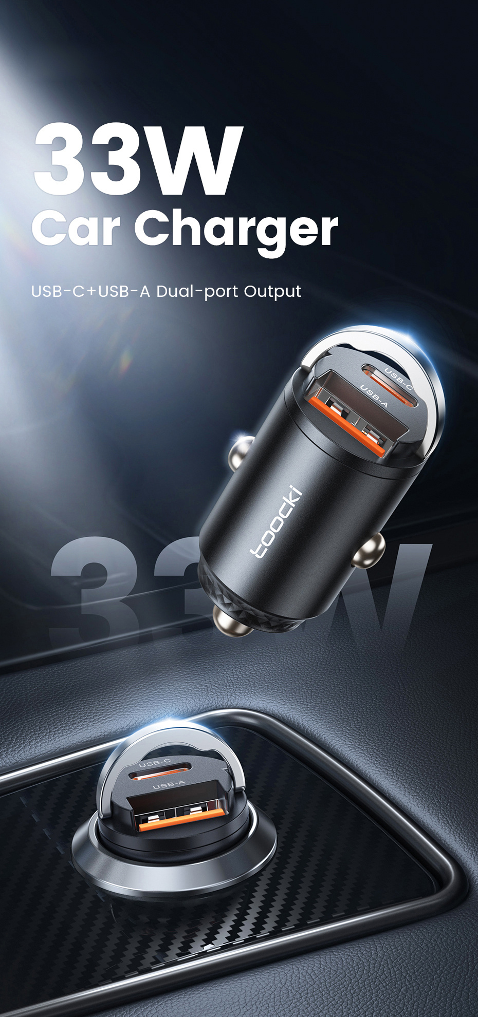 Încărcător auto mini Toocki TQ-CC34A cu porturi USB-C / USB-A - 30W - negru