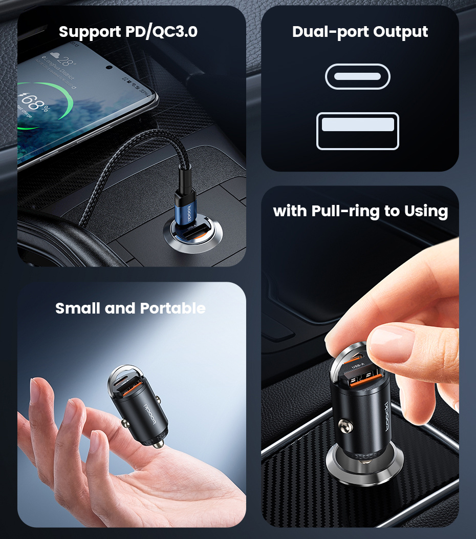 Încărcător auto mini Toocki TQ-CC34A cu porturi USB-C / USB-A - 30W - negru