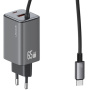 USAMS CC266 Set adaptor cu porturi USB-C / USB-A și cablu integrat USB-C - 65W - 1,5 m - gri închis
