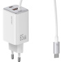 Set adaptor USAMS CC266 cu porturi USB-C / USB-A și cablu USB-C integrat - 65W - 1,5 m - alb
