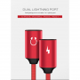 Reducţie POFAN de la conector lighting, pentru conectarea simultană a căştilor şi încărcătorului, pentru iPhone / iPad - 12 cm - roşu