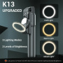 K13 Selfie stick Bluetooth cu trepied, oglindă și lumină pentru iPhone - negru