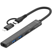 Hub OTG-019Y 5 în 1 - jack de 3,5 mm / 2x USB-C / 2x USB-A la USB-C / Lightning - gri închis