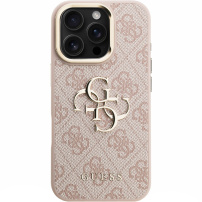 Husă Guess 4G Metal Logo cu suport rabatabil pentru iPhone 16 Pro Max - roz