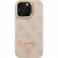 Husă Guess 4G Strass Triangle Logo cu suport rabatabil și MagSafe pentru iPhone 16 Pro Max - roz