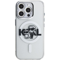 Karl Lagerfeld IML Glitter Karl and Choupette Sketch husă sclipitoare cu MagSafe pentru iPhone 15 Pro - argintiu